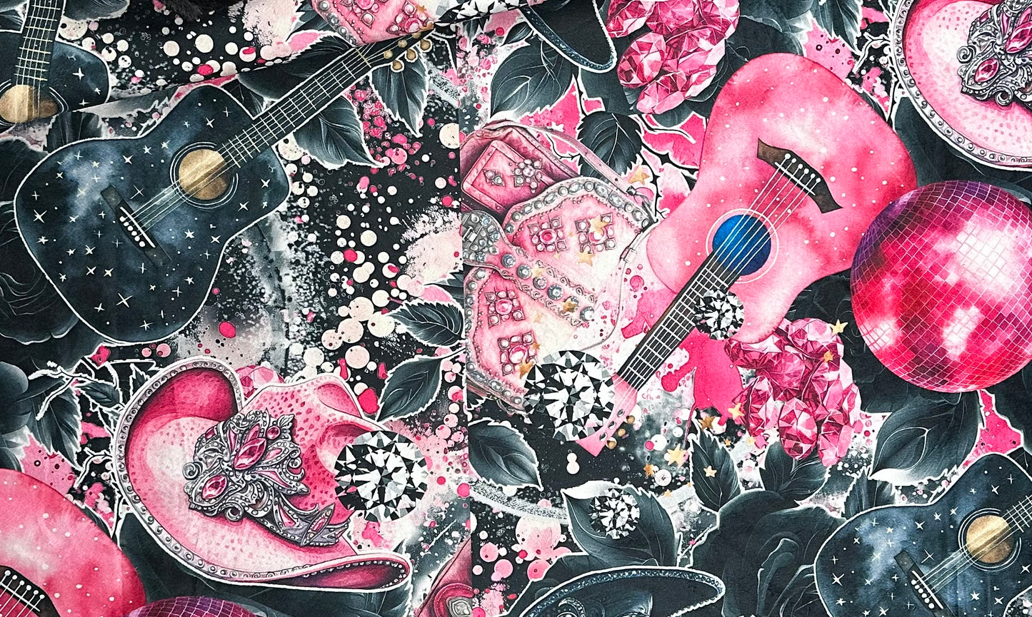 Cowgirl Pink Hat and Guitars on Black Luxe Large 55x79 Minky Blanket