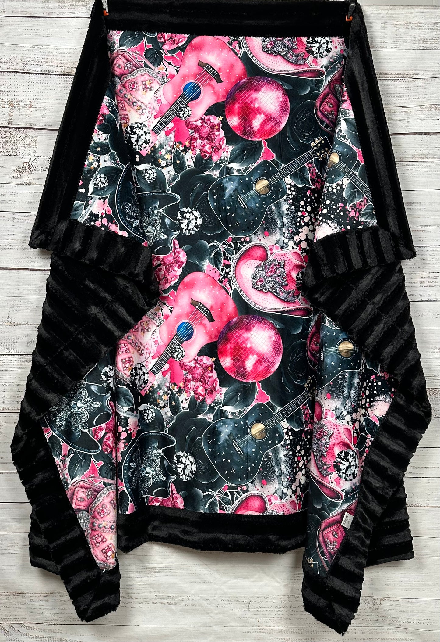 Cowgirl Pink Hat and Guitars on Black Luxe Large 55x79 Minky Blanket