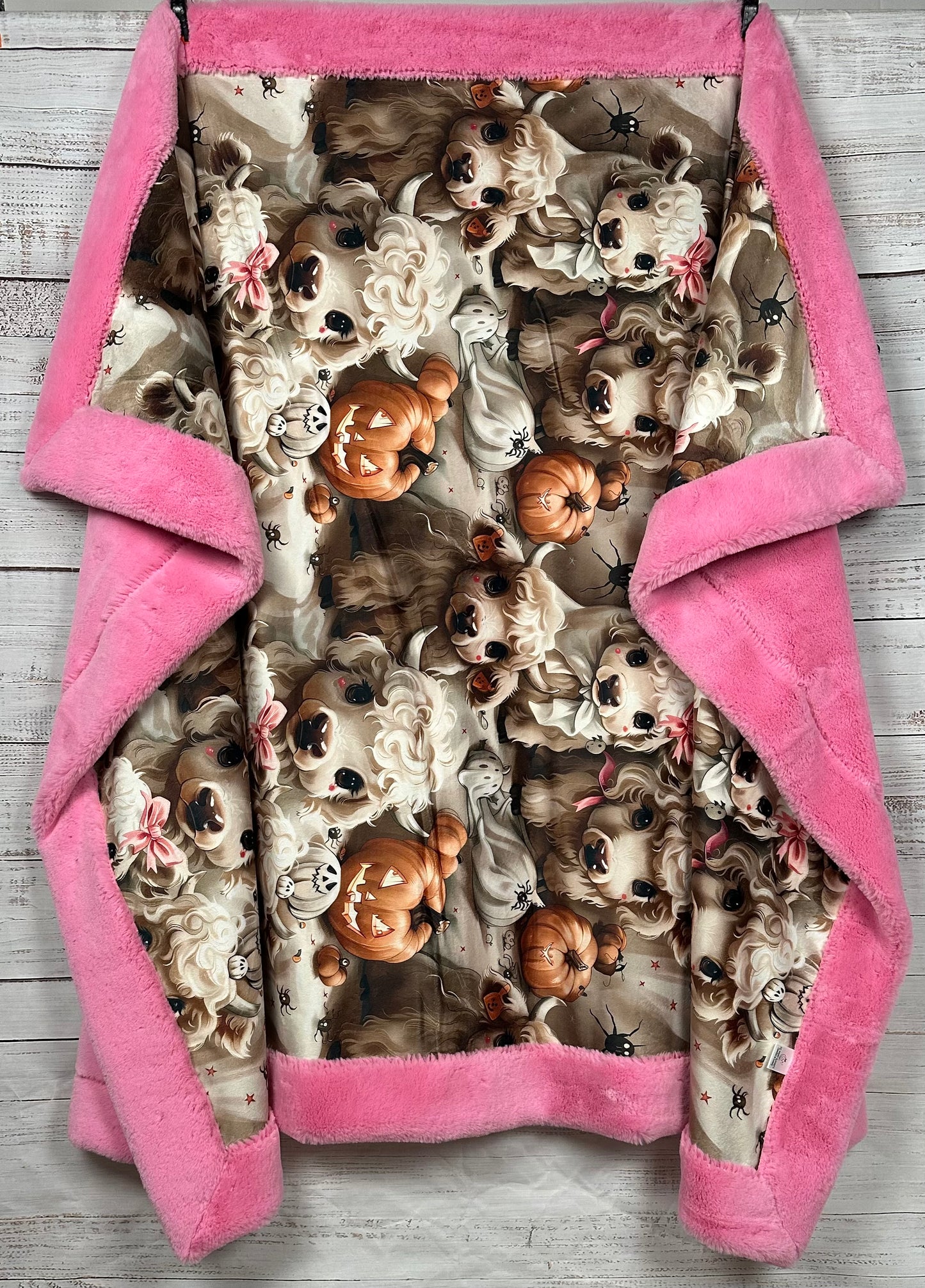 Cute Highland Cows Halloween on Blush Pink Luxe Large 55x79 Minky Blanket