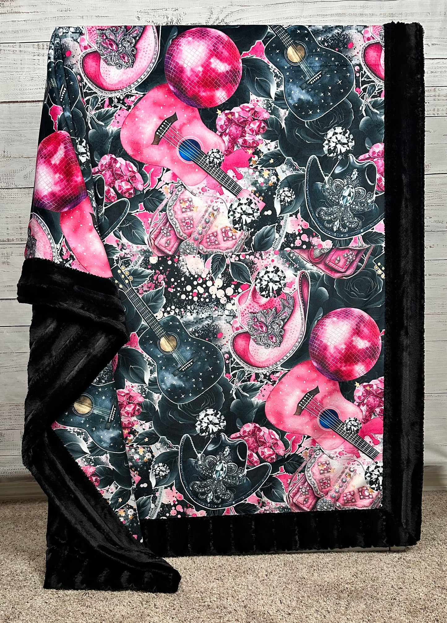 Cowgirl Pink Hat and Guitars on Black Luxe Large 55x79 Minky Blanket