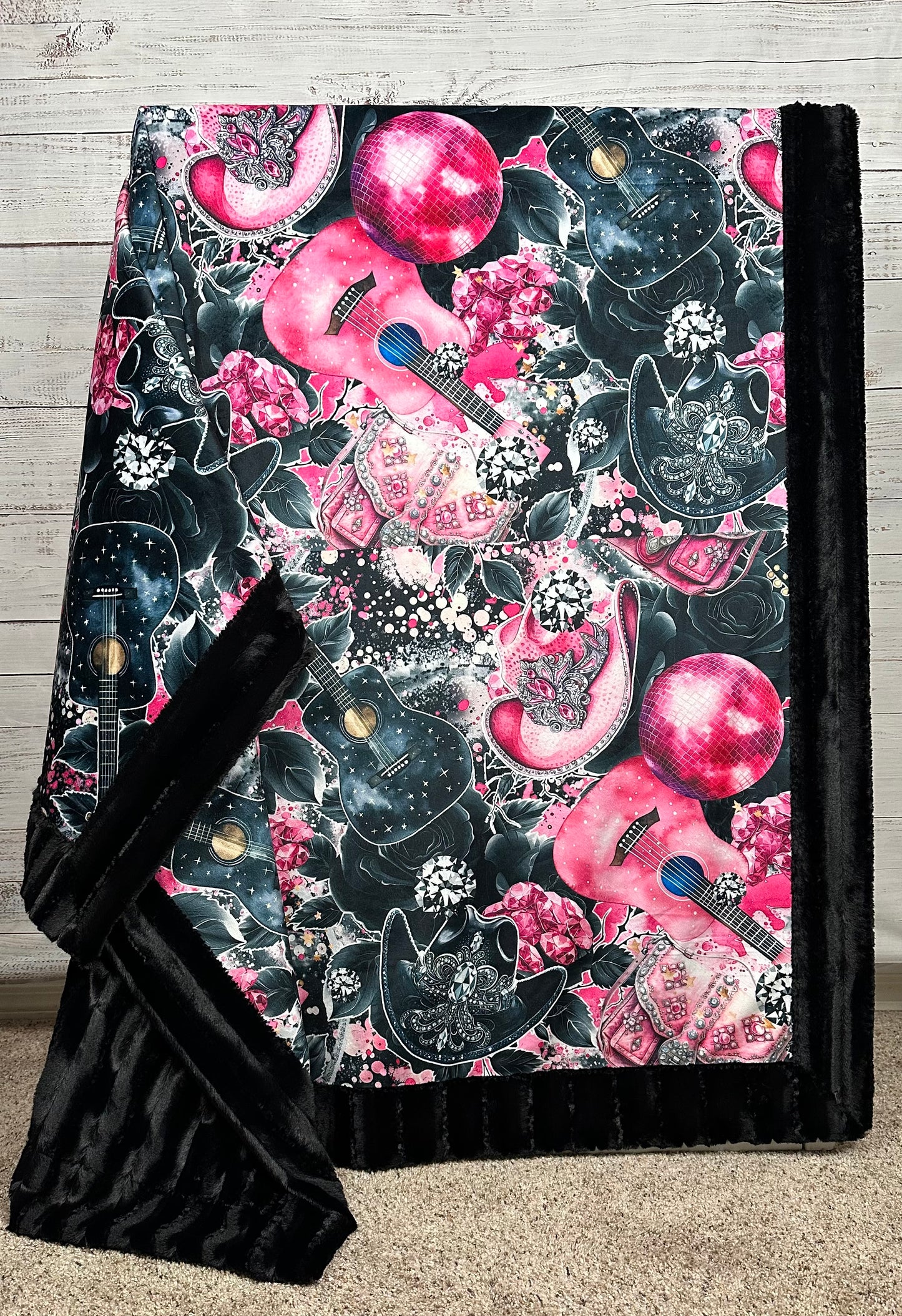 Cowgirl Pink Hat and Guitars on Black Luxe Large 55x79 Minky Blanket