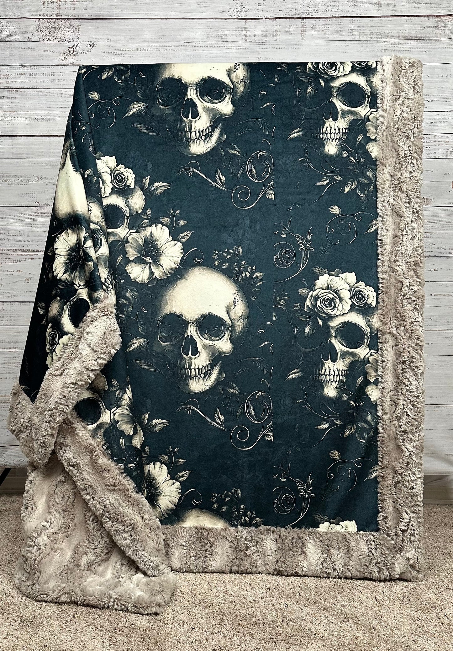 Gothic Skulls and Flowers on Sand Shell Luxe Large 55x79 Minky Blanket