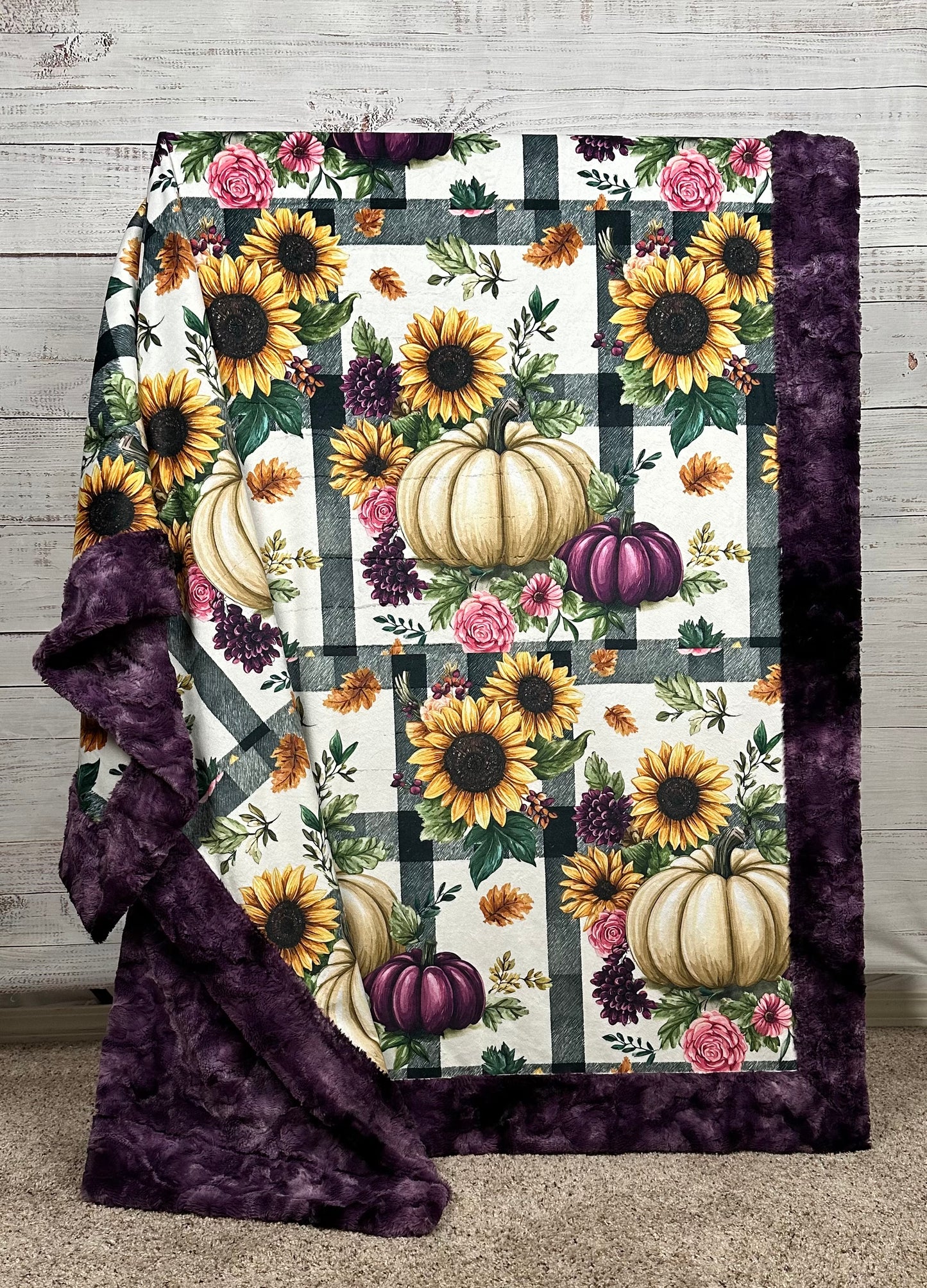 Fall Pumpkin Patch on Plum Luxe Large 55x79 Minky Blanket