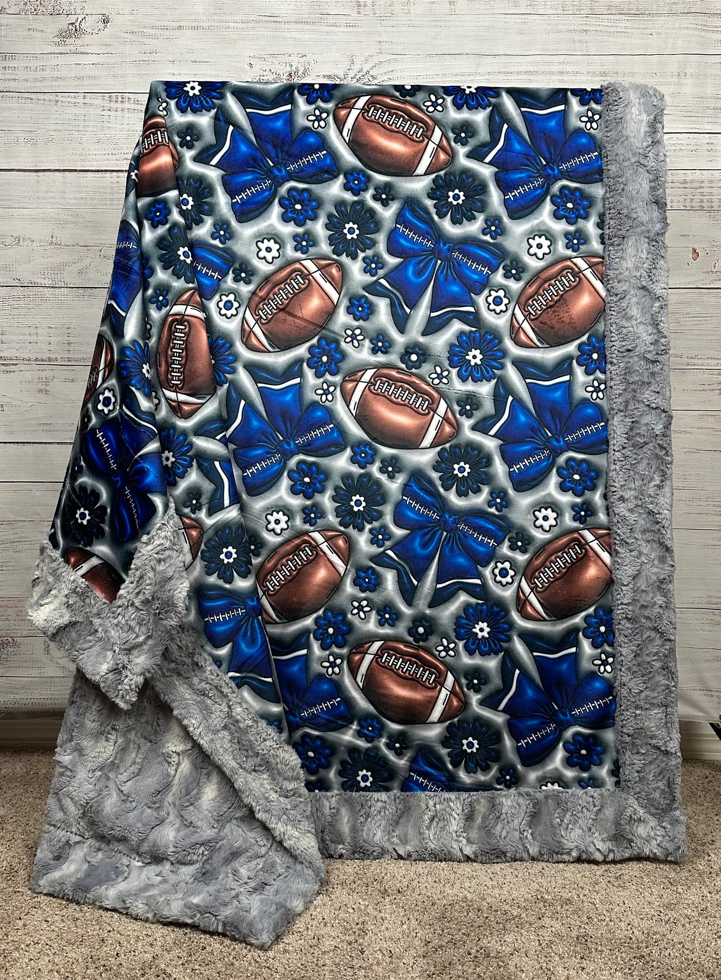 Coquette Football on Silver Luxe Large 55x79 Minky Blanket
