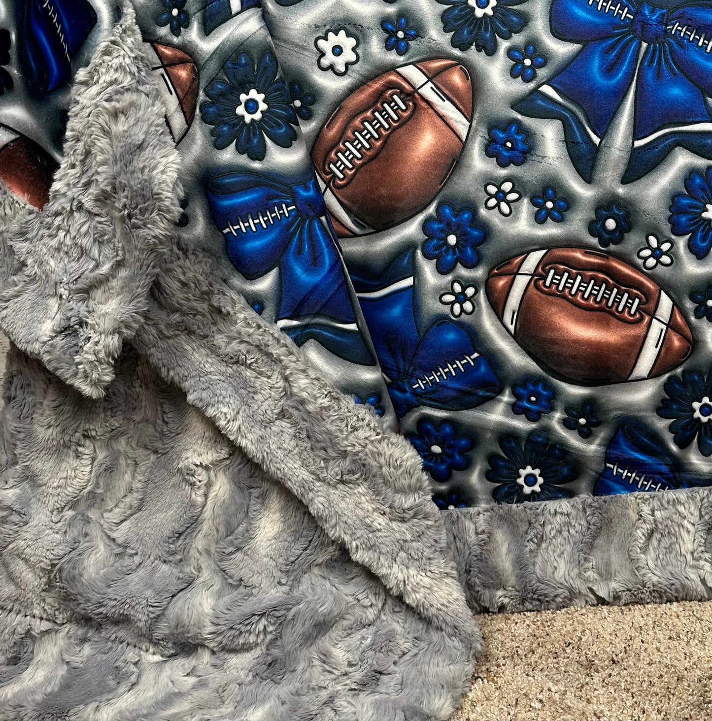 Coquette Football on Silver Luxe Large 55x79 Minky Blanket