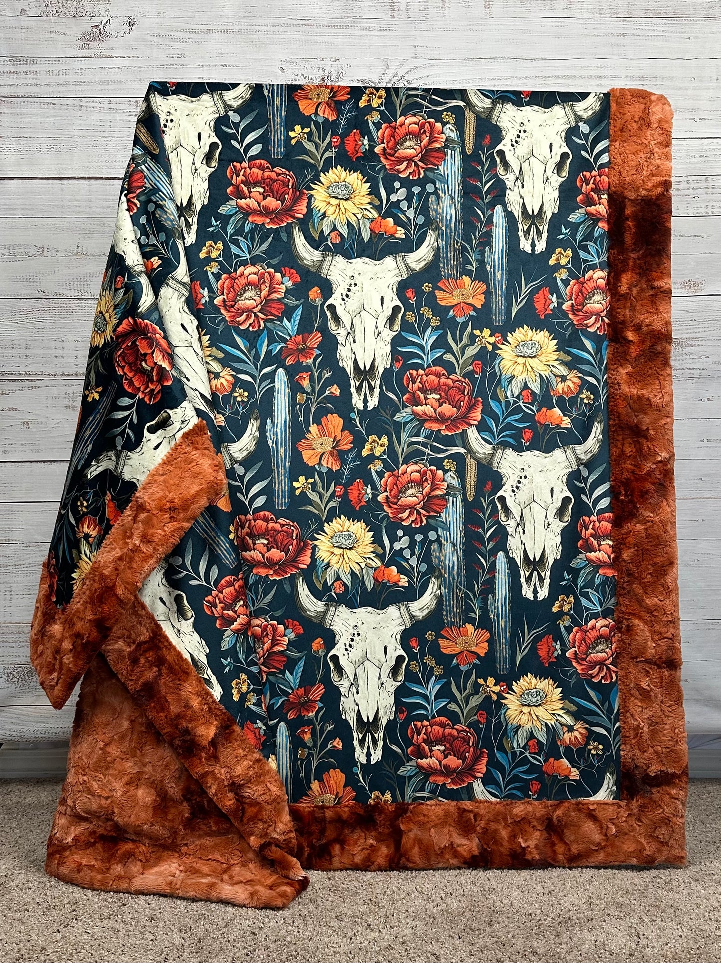 Boho Western Skull Floral on Ginger Luxe Large Minky Blanket 55x79