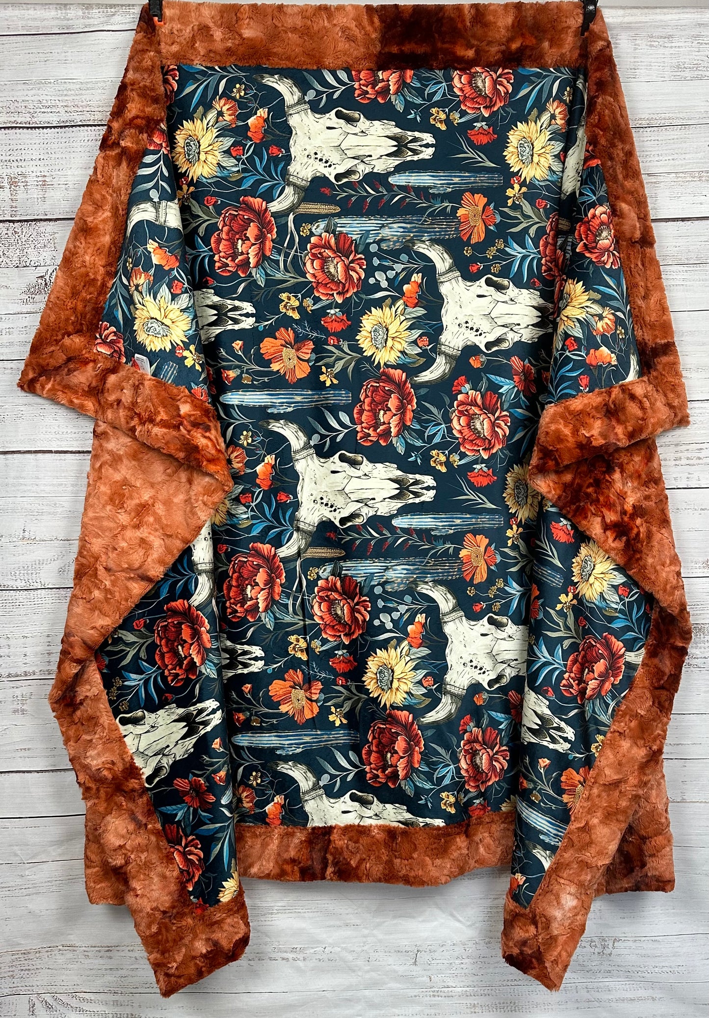 Boho Western Skull Floral on Ginger Luxe Large Minky Blanket 55x79
