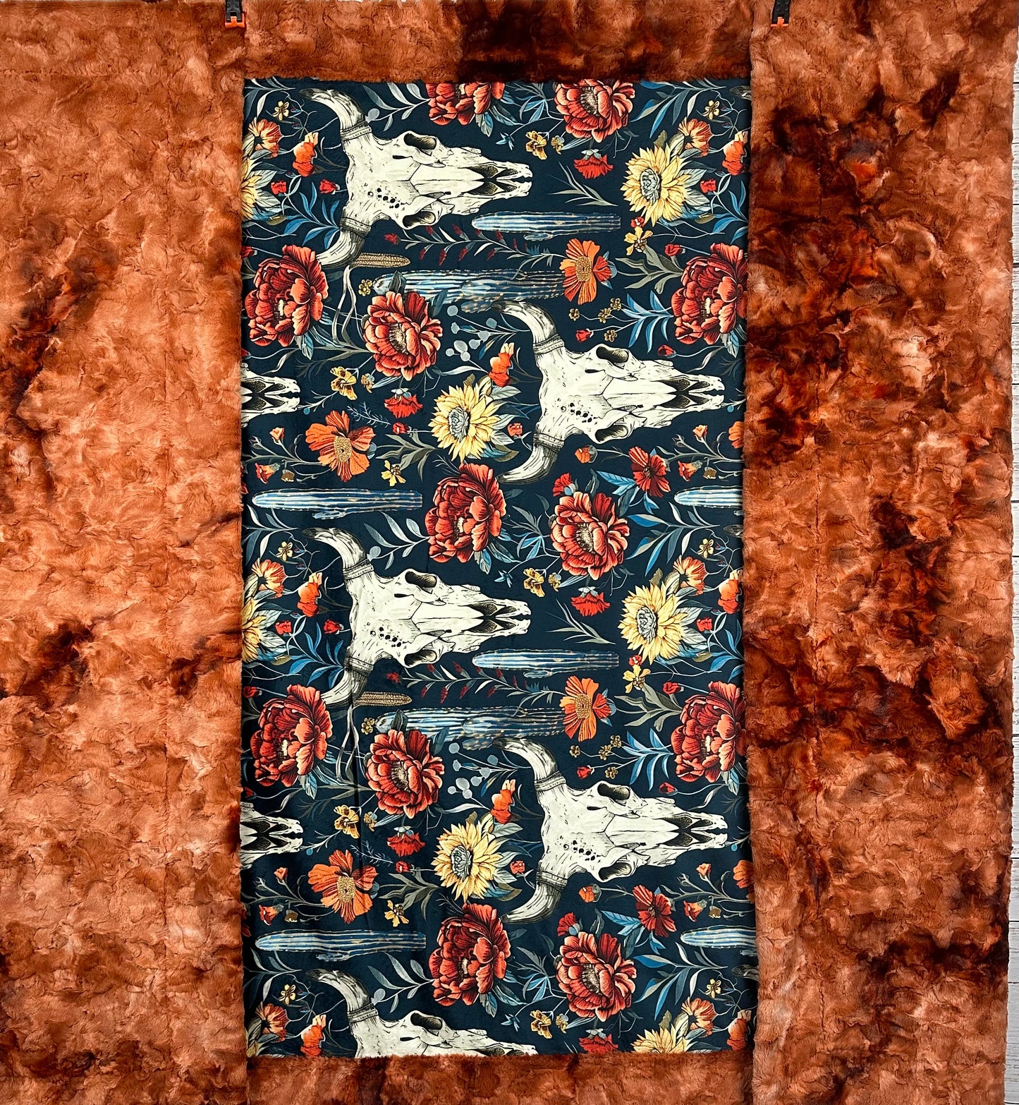 Boho Western Skull Floral on Ginger Luxe Large Minky Blanket 55x79