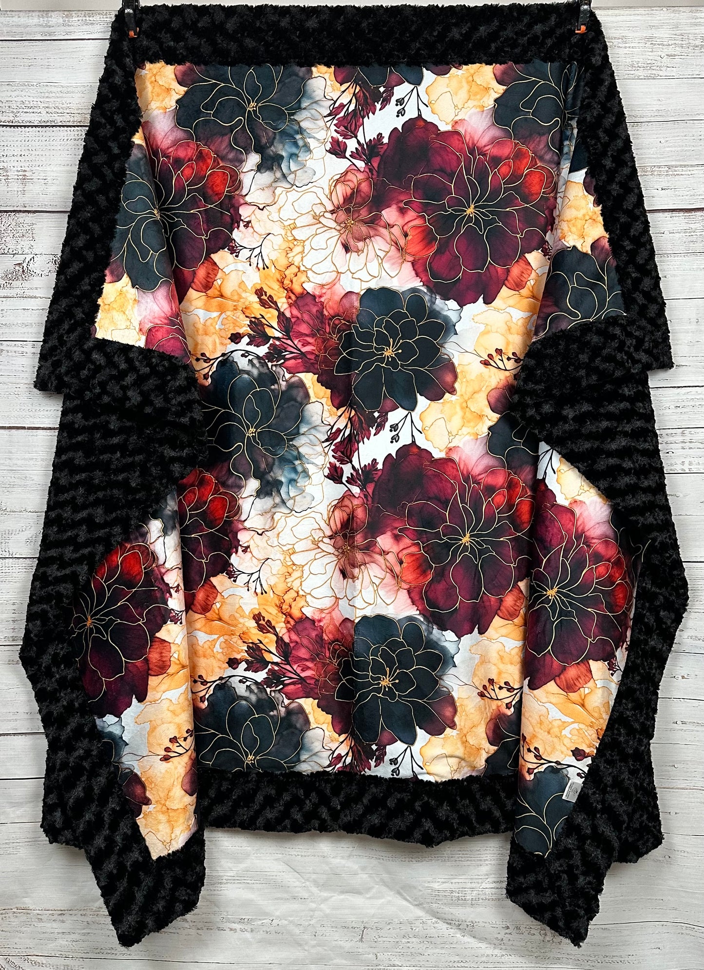 Fall Floral on Black Luxe Large Minky Blanket 55x79