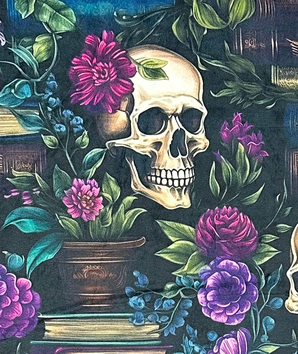 Books and Skulls Floral on Plum Luxe Large 54x79 Minky Blanket