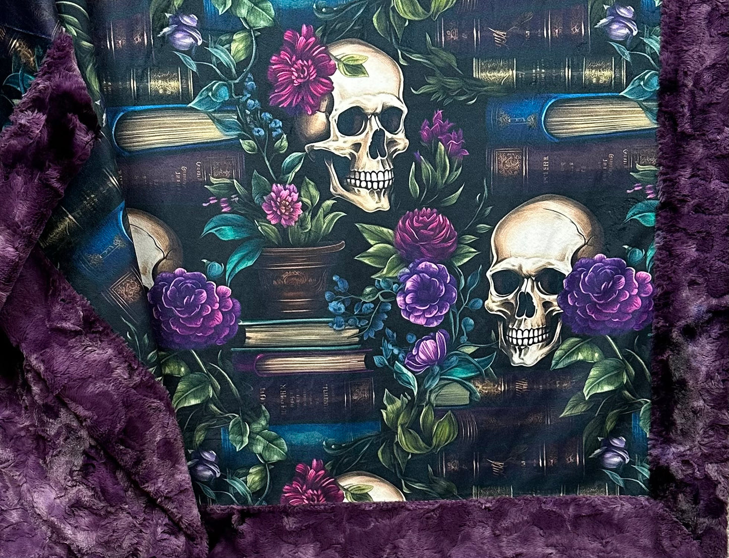 Books and Skulls Floral on Plum Luxe Large 54x79 Minky Blanket