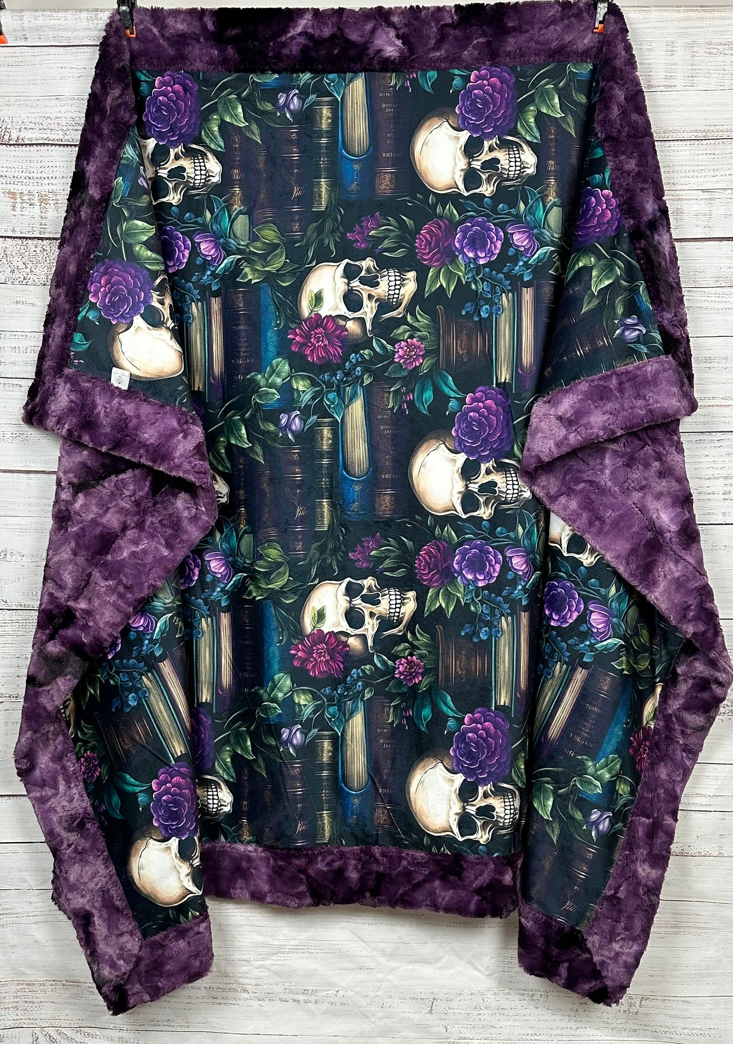 Books and Skulls Floral on Plum Luxe Large 54x79 Minky Blanket