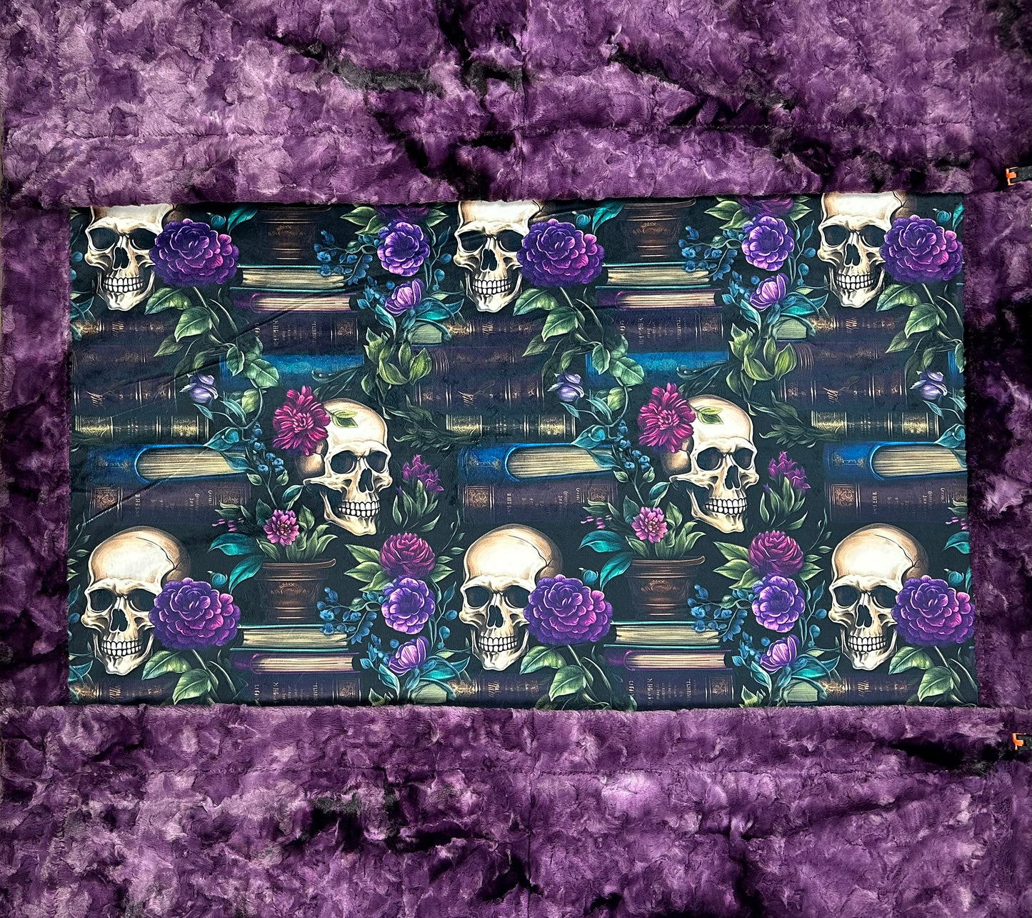 Books and Skulls Floral on Plum Luxe Large 54x79 Minky Blanket
