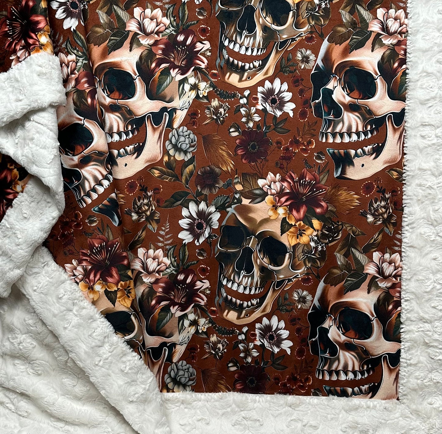 Gothic Fall Skulls and Flowers on Natural Luxe Large 54x79 Minky Blanket