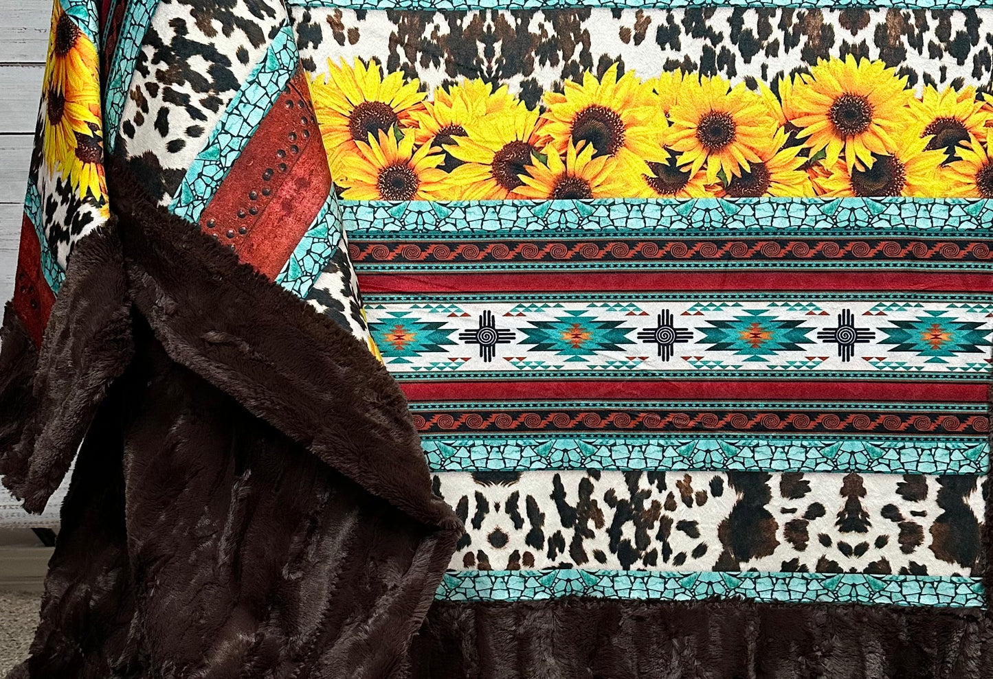 New Mexico Sunflowers on Brown Luxe Large 57x80 Minky Blanket