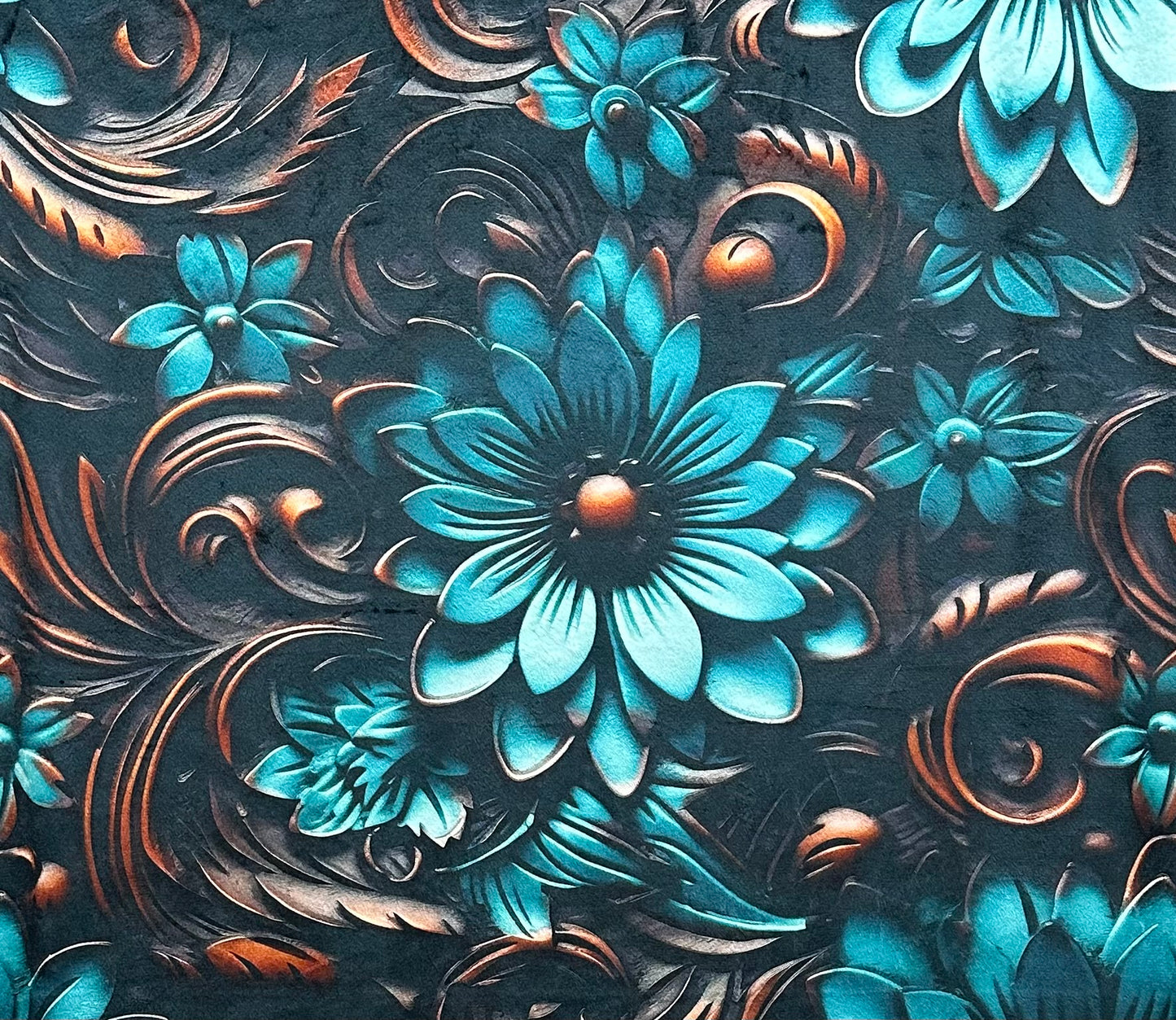 Tooled Leather Turquoise Floral on Galaxy Luxe 55x79 Large Minky Blanket