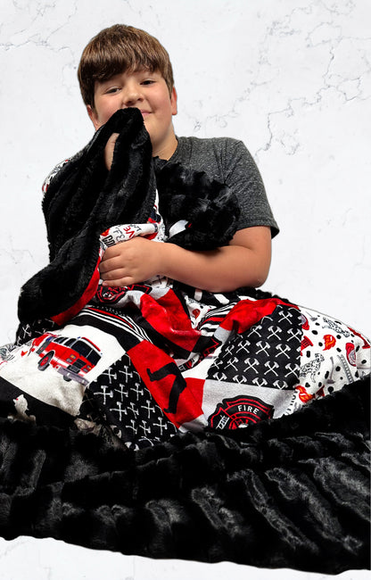 Firefighter on Black Chinchilla Large Blanket 55x75