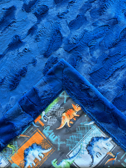 T-Rex Graphite on Royal Blue Hide Toddler Blanket 45x55 (get a pillocase to match for $26)