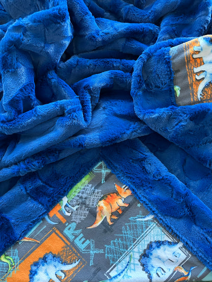 T-Rex Graphite on Royal Blue Hide Toddler Blanket 45x55 (get a pillocase to match for $26)