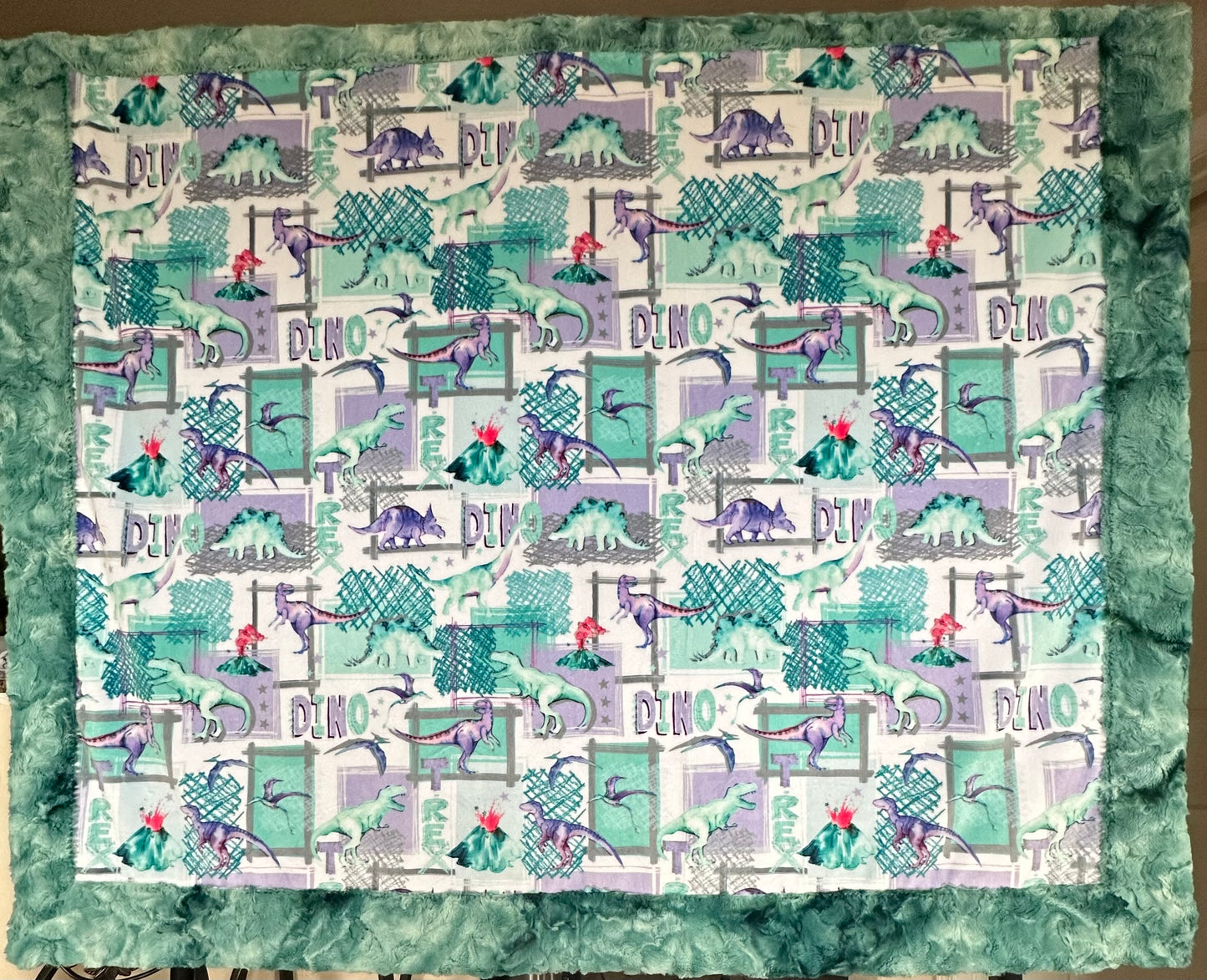T-Rex Bellflower on Spearmint Galaxy Minky Toddler Blanket - 44x54 with 13x19 Pillowcase for a 12x18 Size Pillow