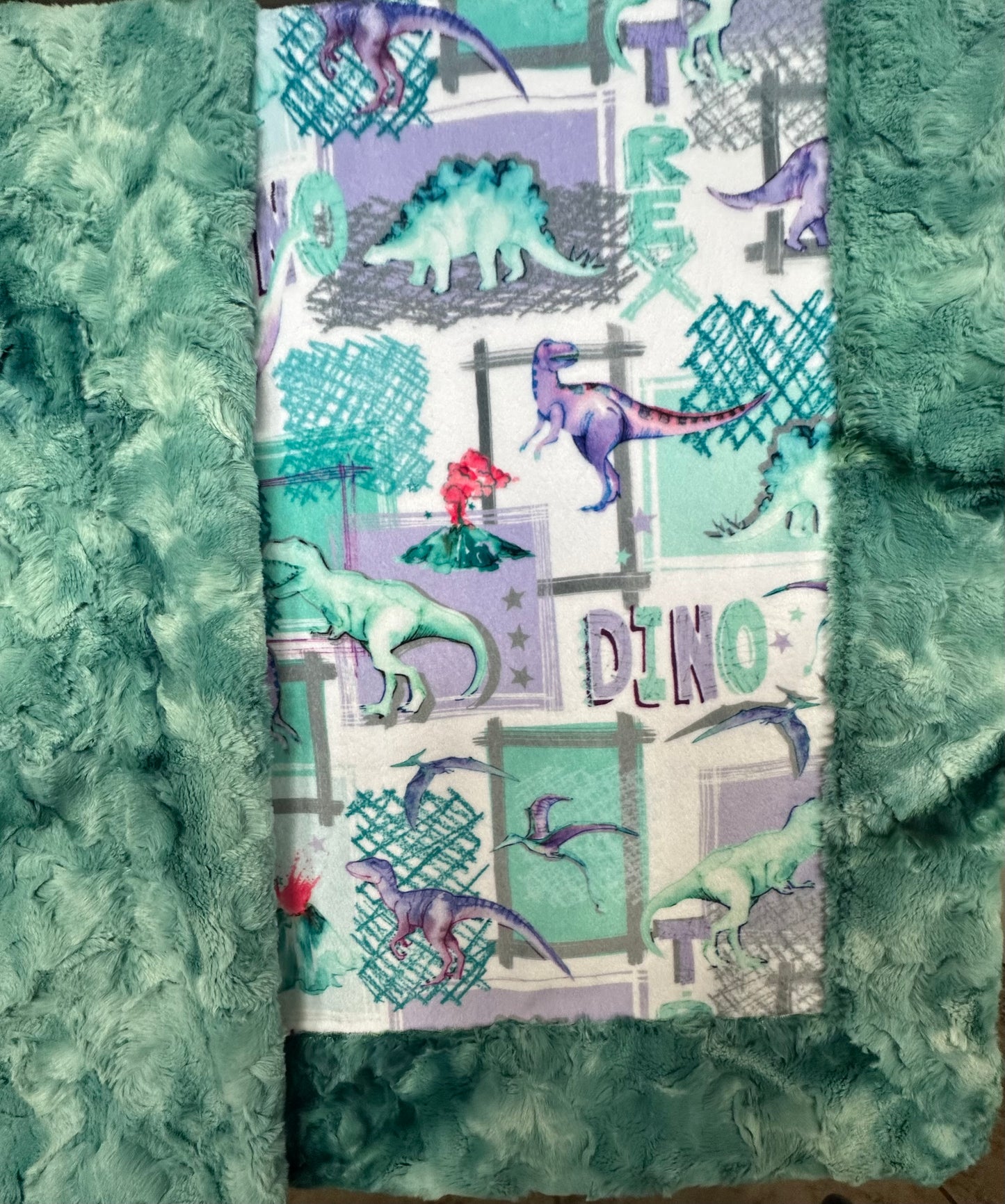 T-Rex Bellflower on Spearmint Galaxy Minky Toddler Blanket - 44x54 with 13x19 Pillowcase for a 12x18 Size Pillow