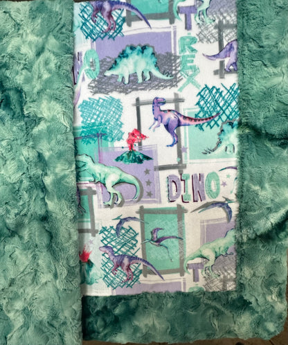 T-Rex Bellflower on Spearmint Galaxy Minky Toddler Blanket - 44x54 with 13x19 Pillowcase for a 12x18 Size Pillow
