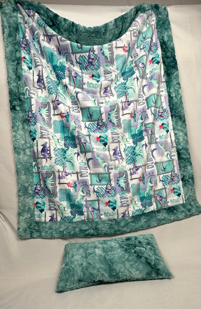 T-Rex Bellflower on Spearmint Galaxy Minky Toddler Blanket - 44x54 with 13x19 Pillowcase for a 12x18 Size Pillow