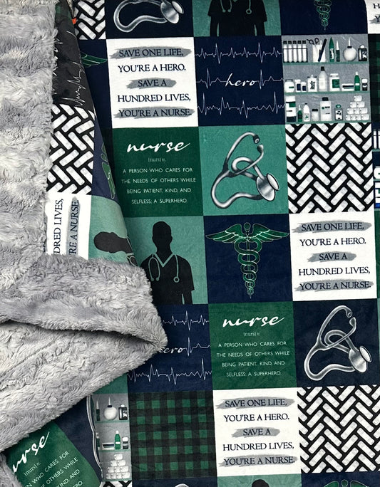 R.N.  Evergreen and Blue Nurse on Wild Rabbit Chrome Large Blanket 56x76