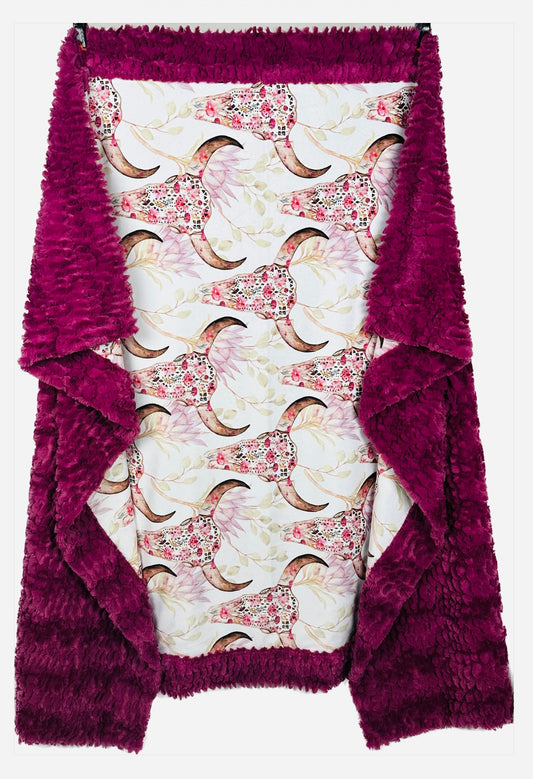 Floral Skull on Florence Claret Luxe Large Adult Blanket - Symbolic Skull and Floral Detailing - 55x76