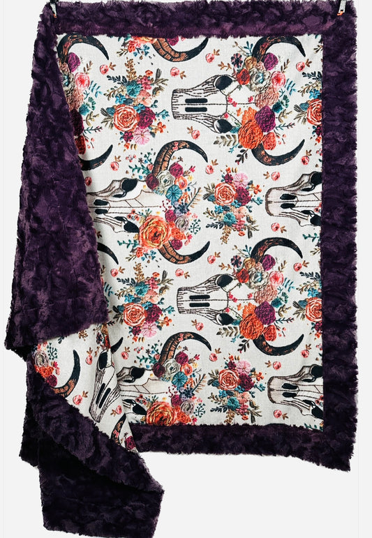 Western Floral Skull Embroidery "Print" on Tuscany Berry Large Adult Size Blanket 56x79 Spoonflower Quality