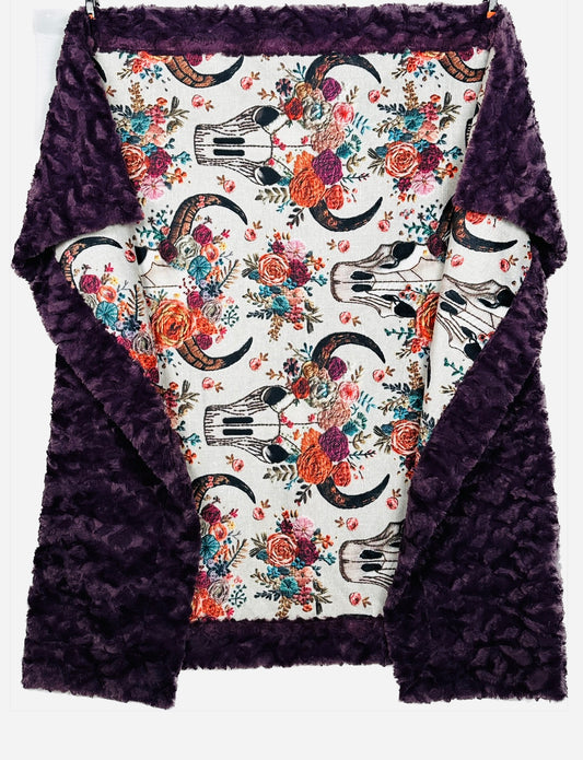 Western Floral Skull Embroidery "Print" on Tuscany Berry Large Adult Size Blanket 56x79 Spoonflower Quality