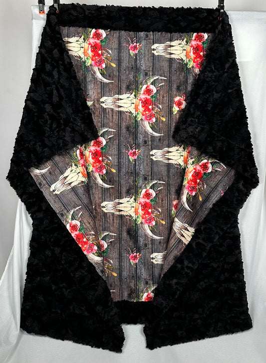 Boho Floral Skull & Dark Wood on Black Tuscany Large Blanket 55x77