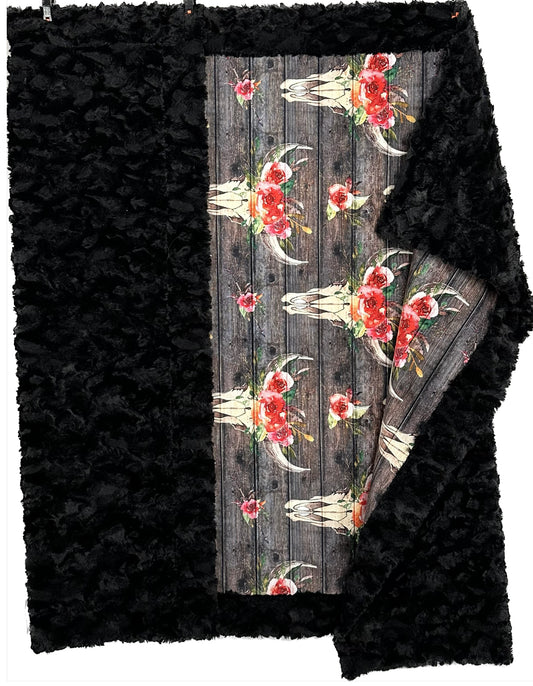 Boho Floral Skull & Dark Wood on Black Tuscany Large Blanket 55x77