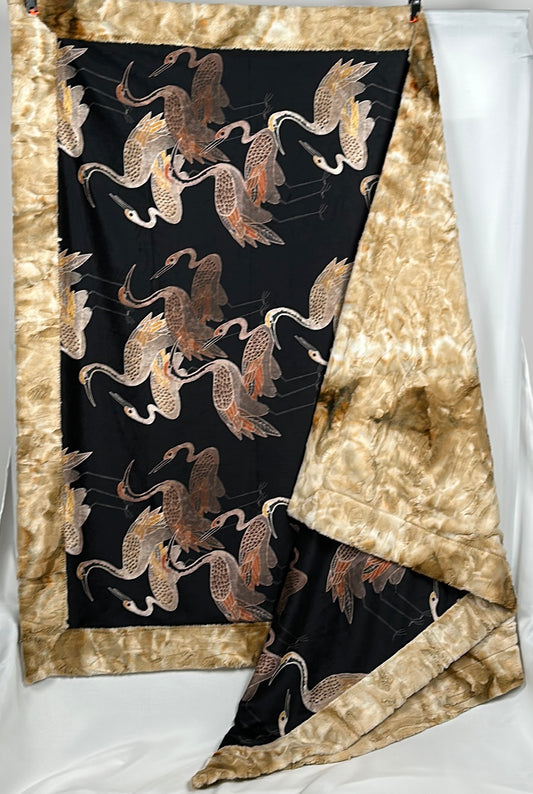 Cranes Onyx on Tie-Dye Rabbit Beige 55x77 Large Blanket Spoonflower Quality