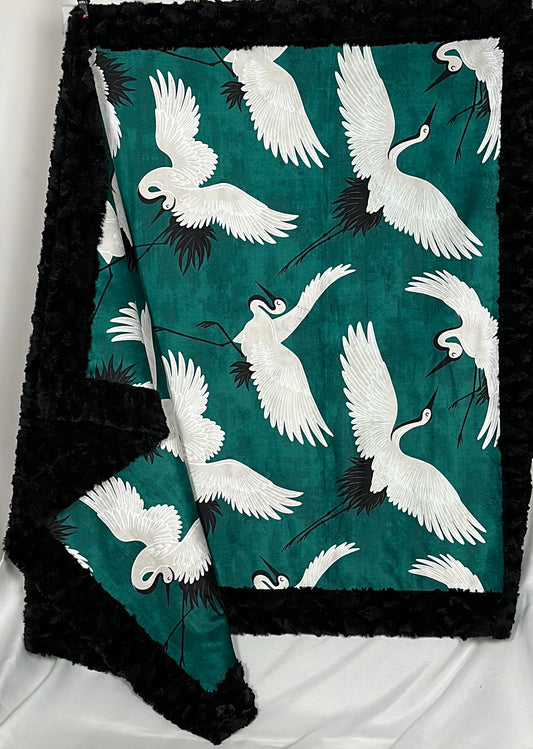 Cranes Emerald on Black Tuscany 55x77 Large Blanket Spoonflower Quality