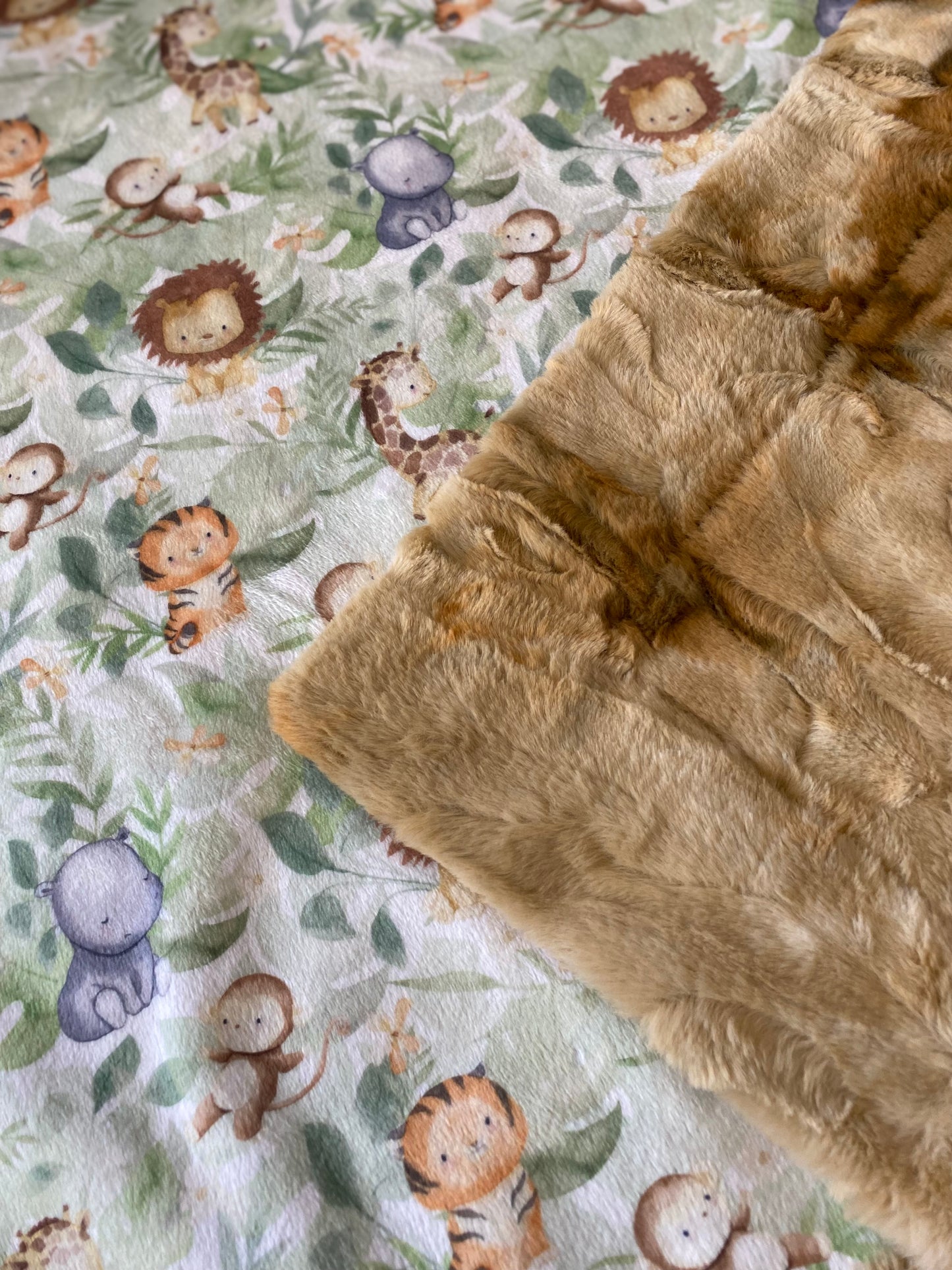 Safari Lion, Giraffe, Monkey on Tie-Dye Rabbit Beige Minky Baby Blanket - 30x45