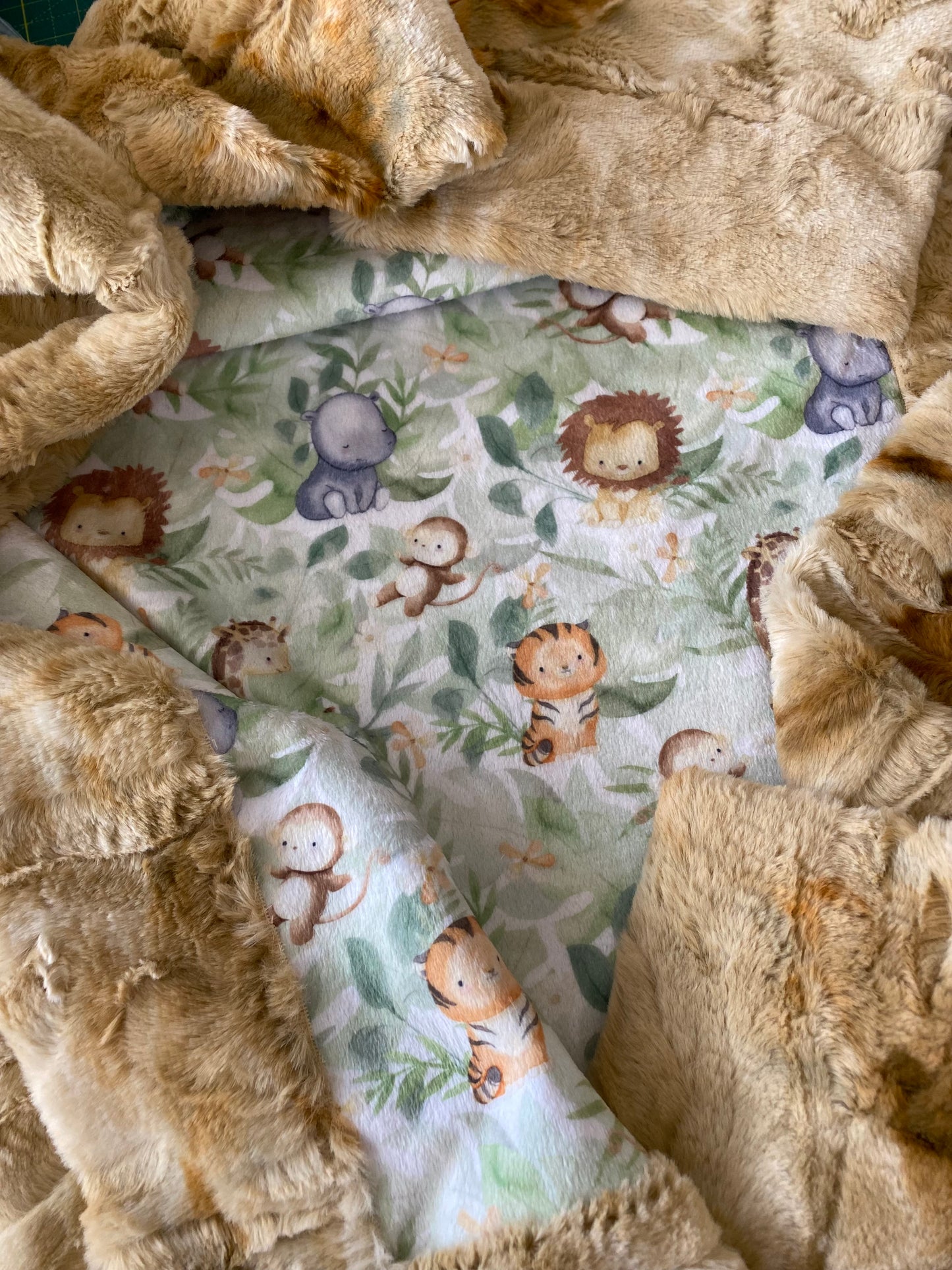 Safari Lion, Giraffe, Monkey on Tie-Dye Rabbit Beige Minky Baby Blanket - 30x45