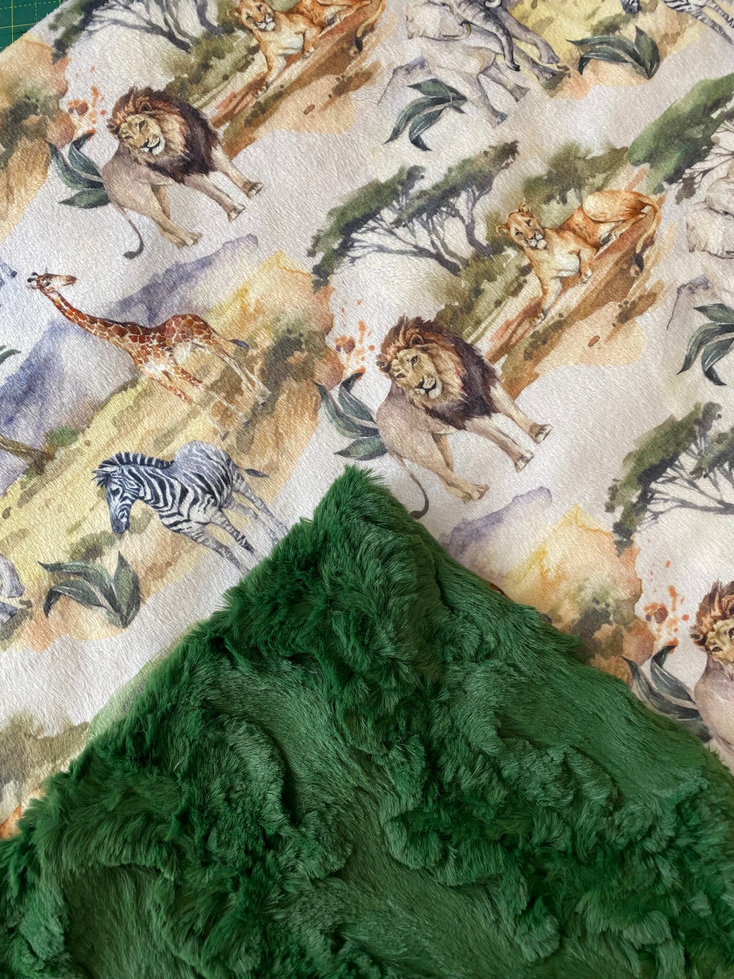 Lion, Giraffe, Elephant, Zebra on Evergreen Luxe Minky Baby Blanket - 30x45