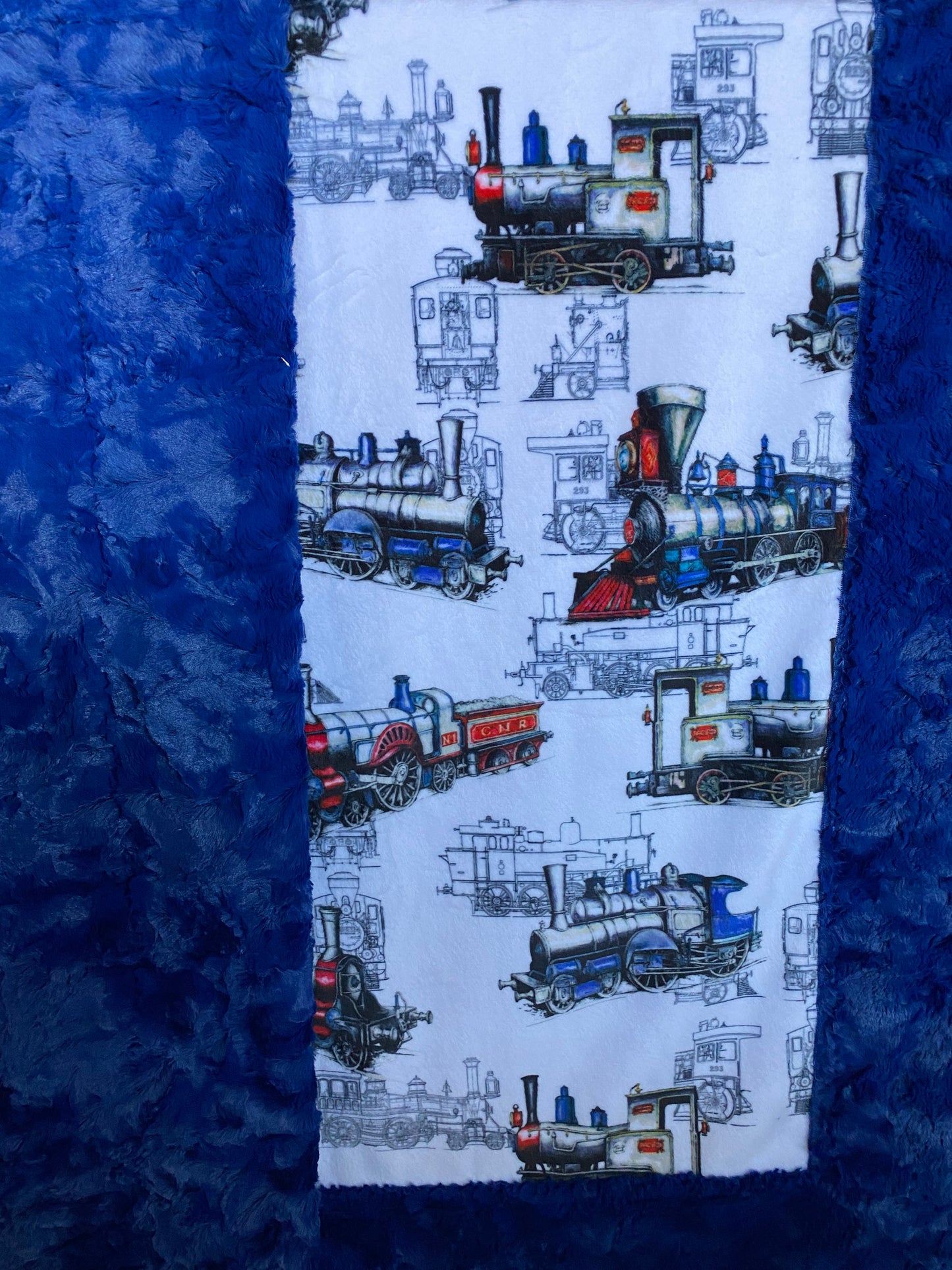 Locomotive on Midnight Blue Marble Minky Blanket 53x63