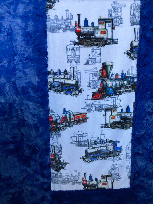 Locomotive on Midnight Blue Marble Minky Blanket 53x63