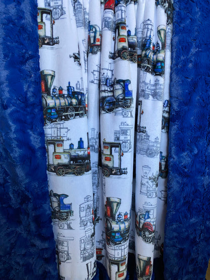Locomotive on Midnight Blue Marble Minky Blanket 53x63