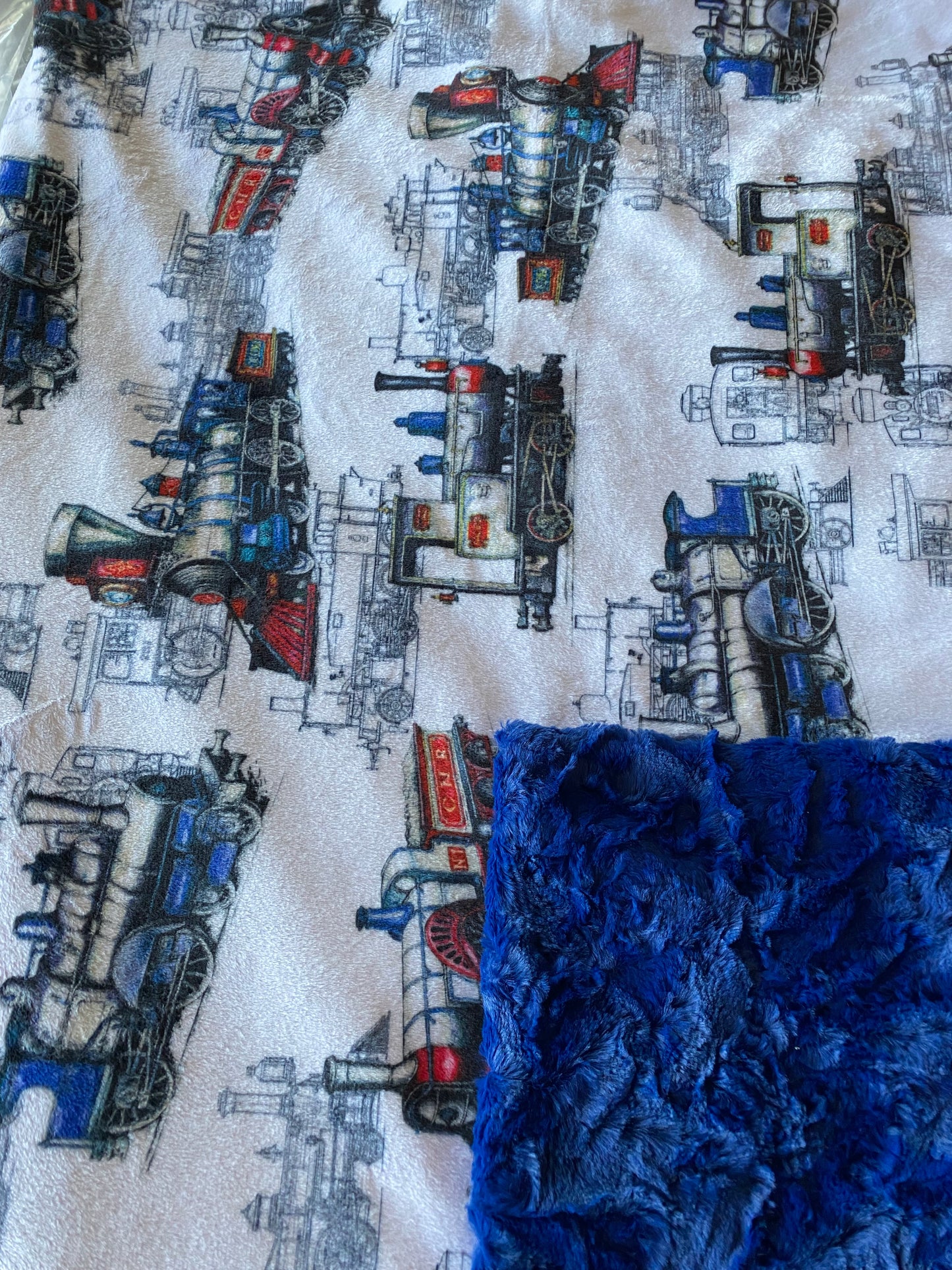 Locomotive on Midnight Blue Marble Minky Blanket 53x63