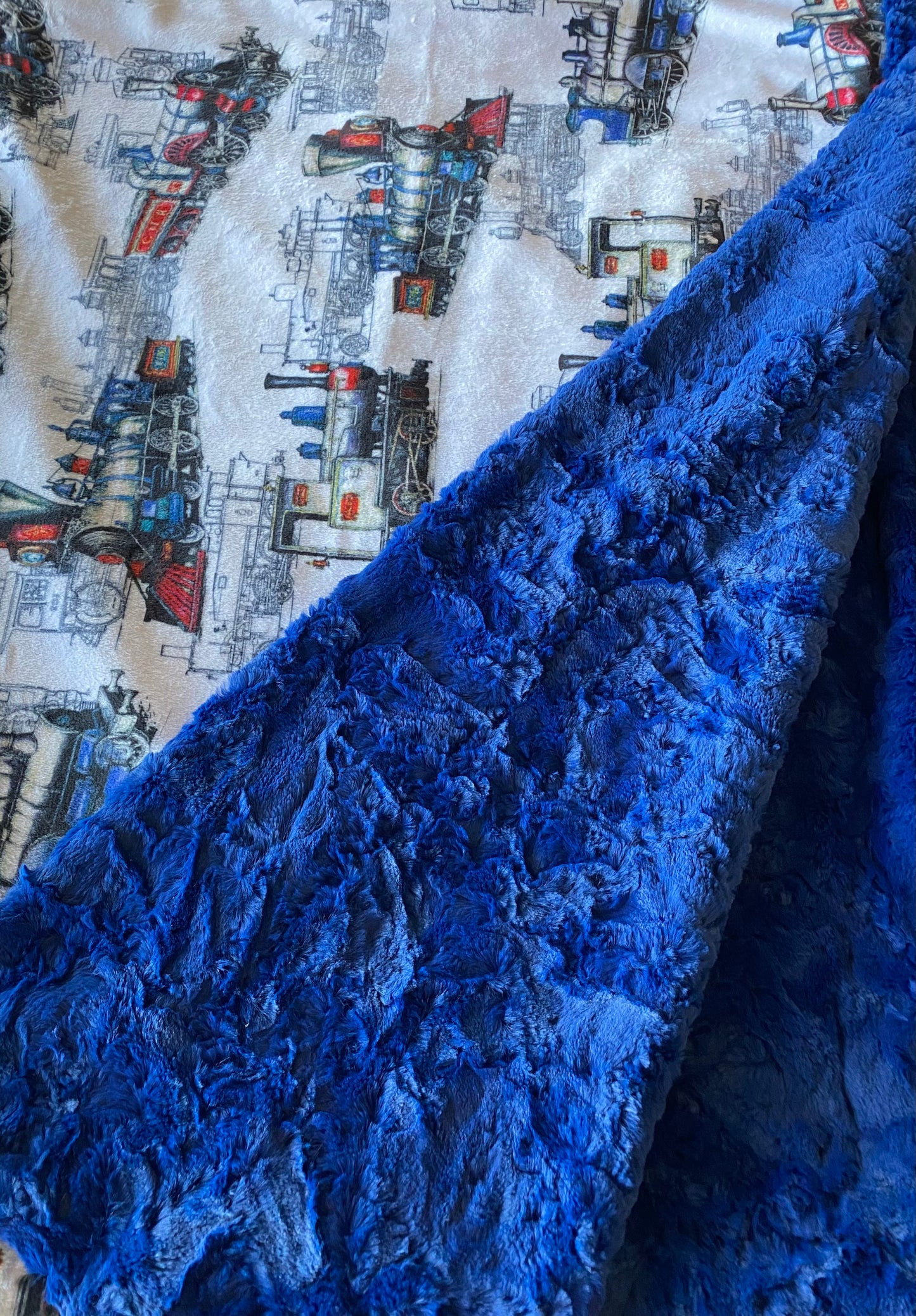 Locomotive on Midnight Blue Marble Minky Blanket 53x63