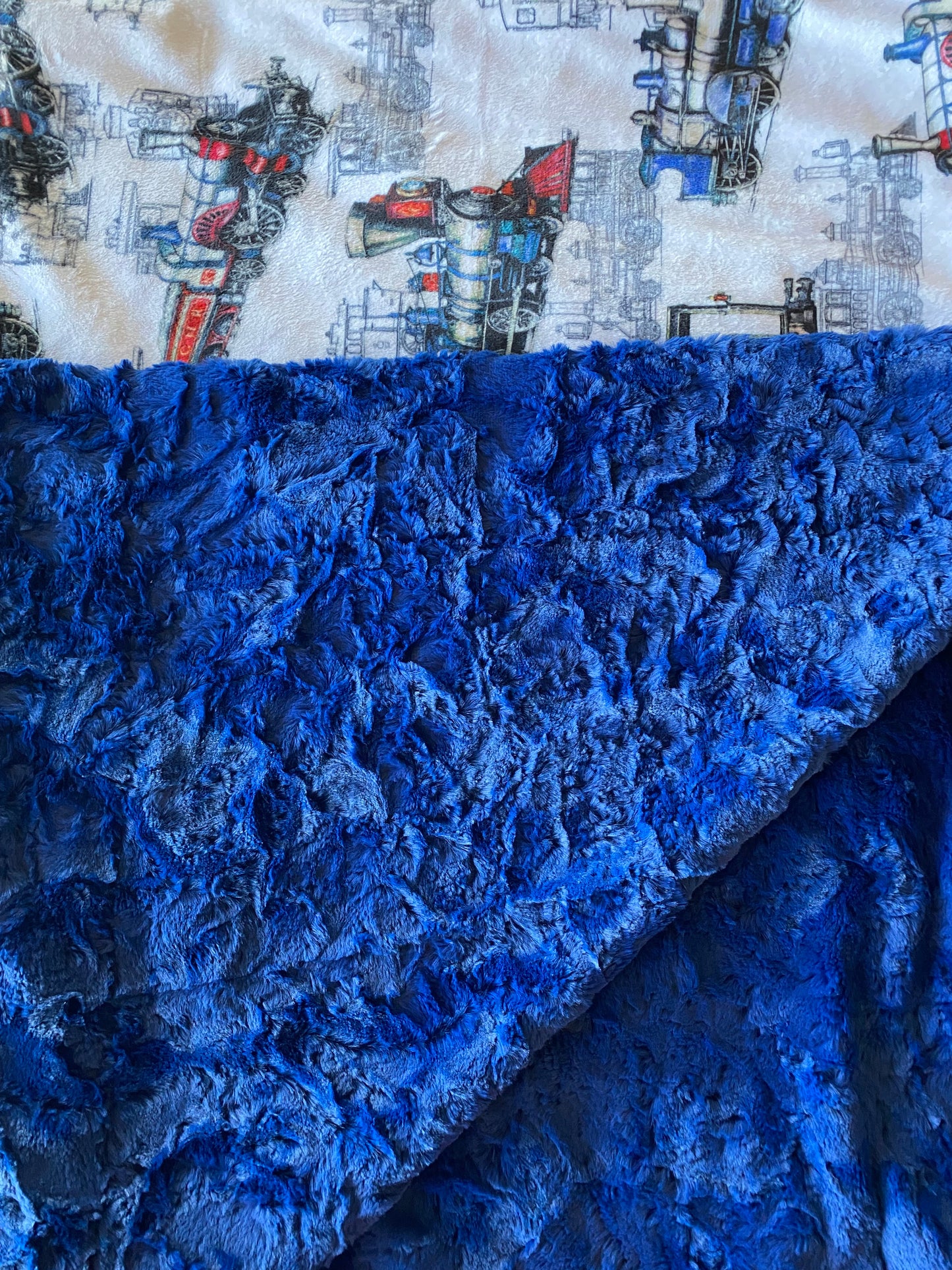Locomotive on Midnight Blue Marble Minky Blanket 53x63