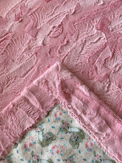 Rose Flower Fawn on Bubblegum Luxe Hide Large Baby Minky Blanket - 30x58