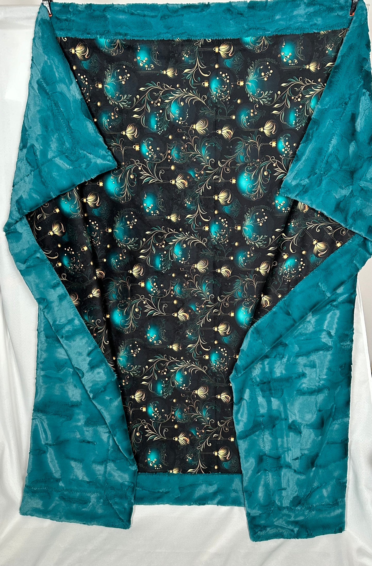 Teal and Gold Christmas Ornaments X-Wide Large 61x77 Spoonflower Quality Minky Blanket with 15x24 Pillcase