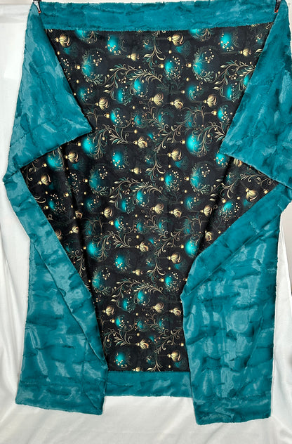 Teal and Gold Christmas Ornaments X-Wide Large 61x77 Spoonflower Quality Minky Blanket with 15x24 Pillcase