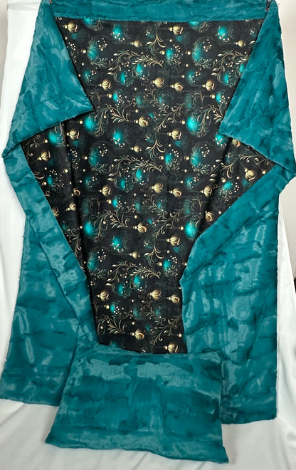 Teal and Gold Christmas Ornaments X-Wide Large 61x77 Spoonflower Quality Minky Blanket with 15x24 Pillcase