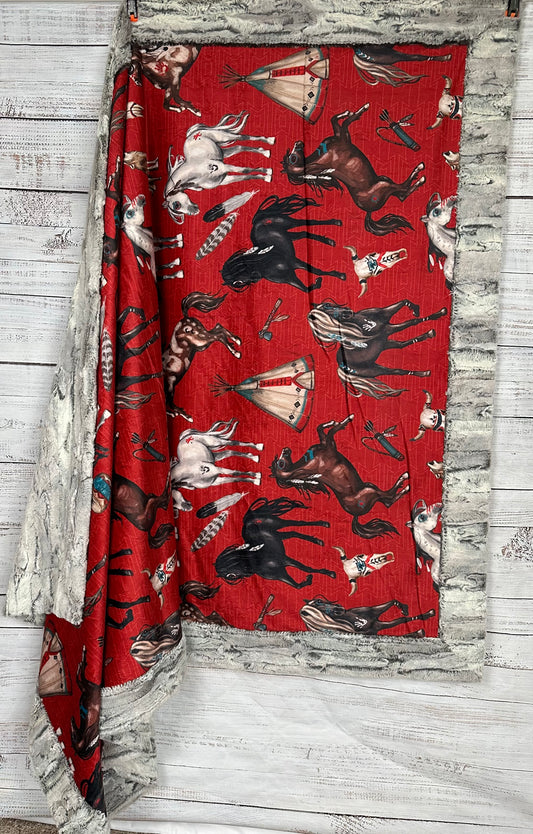 Native American Horses on Silver fox Luxe 54x79 Large Minky Blanket (Red) Spoonflower Quality