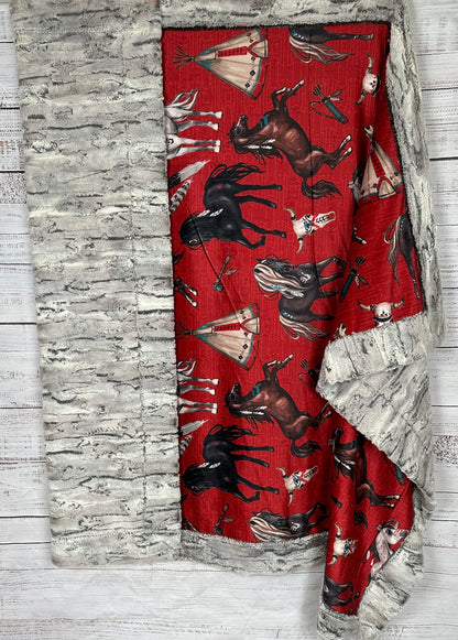 Native American Horses on Silver fox Luxe 54x79 Large Minky Blanket (Red) Spoonflower Quality